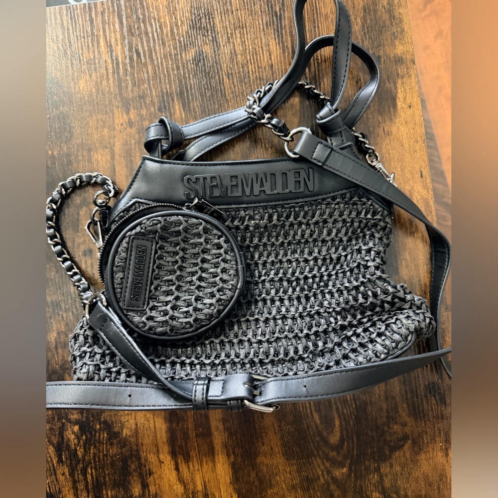 Steve Madden Black Woven Shoulder Bag with Mini Pouch NWOT